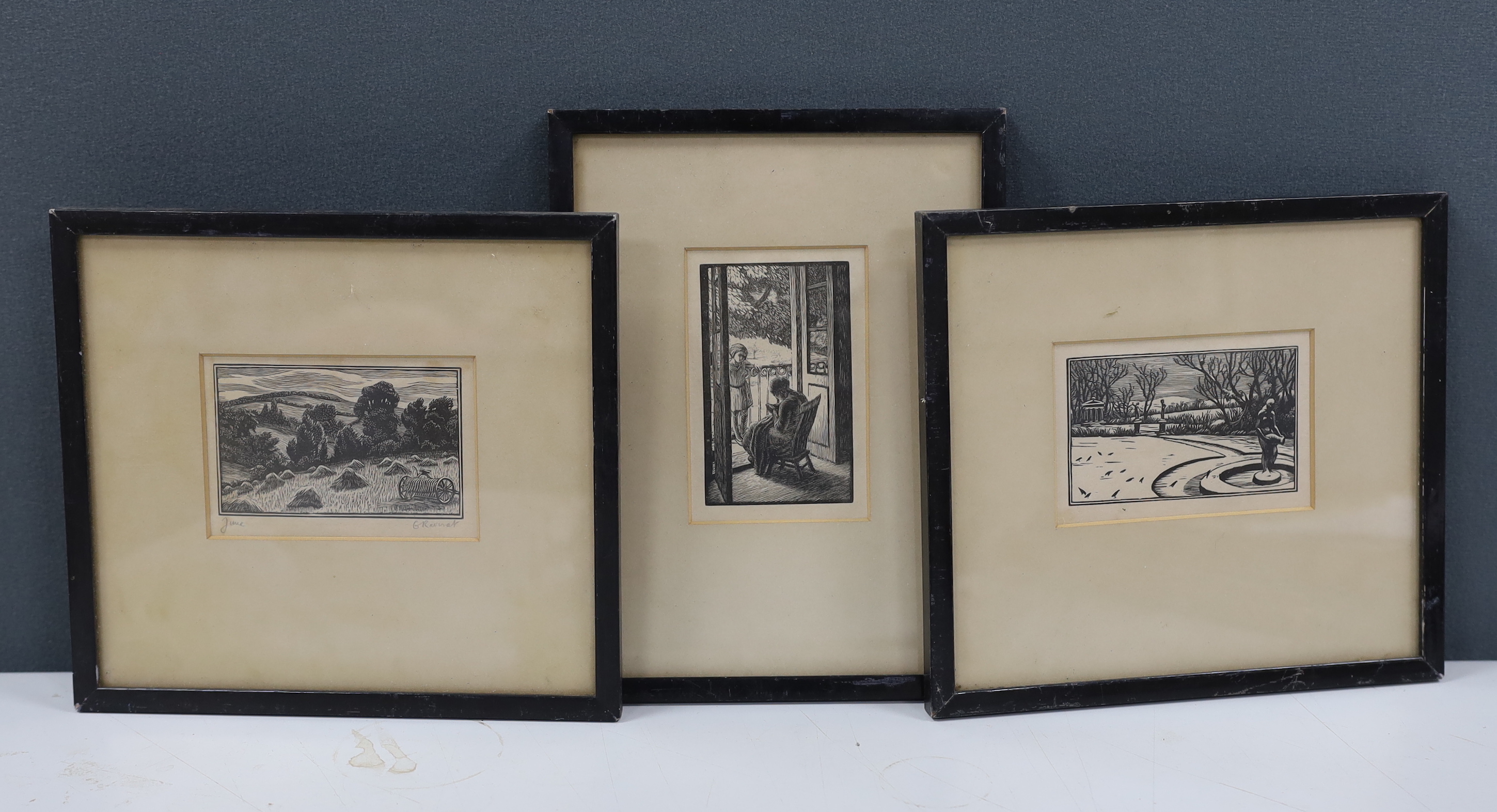 Gwen Raverat (1885-1957), three etchings or woodcuts (probably from Thomas Agnews), comprising 'December', 'June' and 'The Balcony', one signed and inscribed in pencil, largest 11 x 7cm